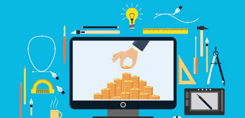 The graphic shows a hand placing coins onto a growing pile of coins on a computer screen, surrounded by creative and analytical tools like a light bulb, pen, coffee cup, paintbrush, ruler, hammer, and compass, all set against a bright blue background. This represents the concept of earning money through creative and strategic online activities such as website monetization