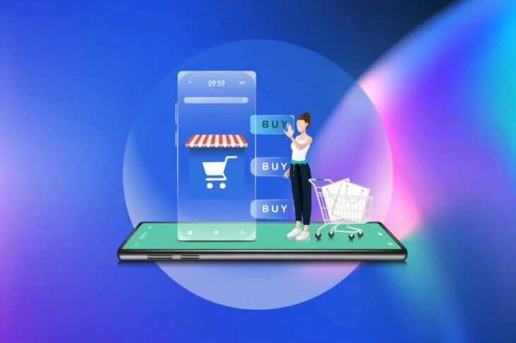A digital illustration depicts a colossal smartphone resting on a gradient blue and purple background. On its screen, an online store interface is visible, featuring a red-striped awning and multiple 'BUY' buttons. A three-dimensional female avatar stands next to a shopping cart filled with goods, conveying a scene of virtual shopping. The surrounding ethereal glow and shopping icons underscore the concept of e-commerce and monetizing online platforms by engaging with digital consumers
