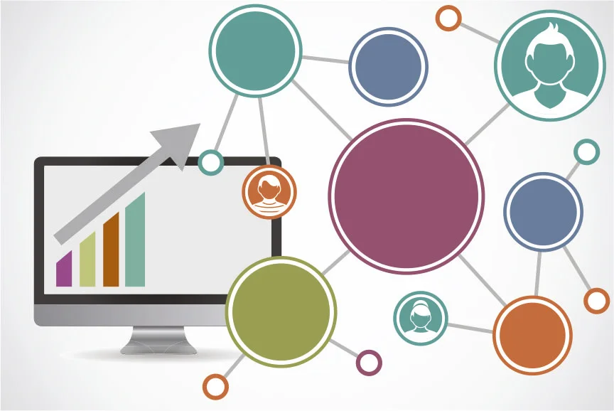 The image depicts an illustration of a computer monitor displaying an upward-trending bar graph, symbolizing growth or success. Connected to the monitor are multiple colored circles, each one linked to a smaller circle containing an icon of a person, indicating a network or community. This represents the concept of growing a website's audience or customer base, perhaps as part of a strategy to monetize website traffic
