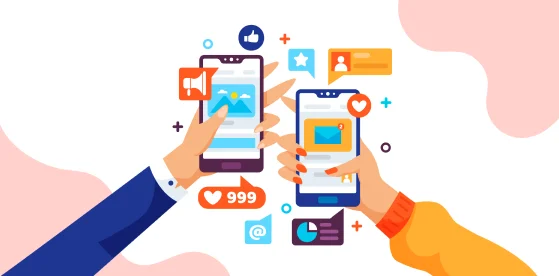 The image displays two hands each holding a smartphone, engaging with various social media and communication icons that float around the devices. One screen shows a message icon and the other a heart with a count of '999', symbolizing likes or approval. Additionally, there are symbols of a camera, speech bubbles, and notifications, representing the interactive features of social media platforms. The illustration conveys the theme of social media engagement and connectivity, which can be instrumental in monetizing a website through ads on platforms like Facebook and Instagram
