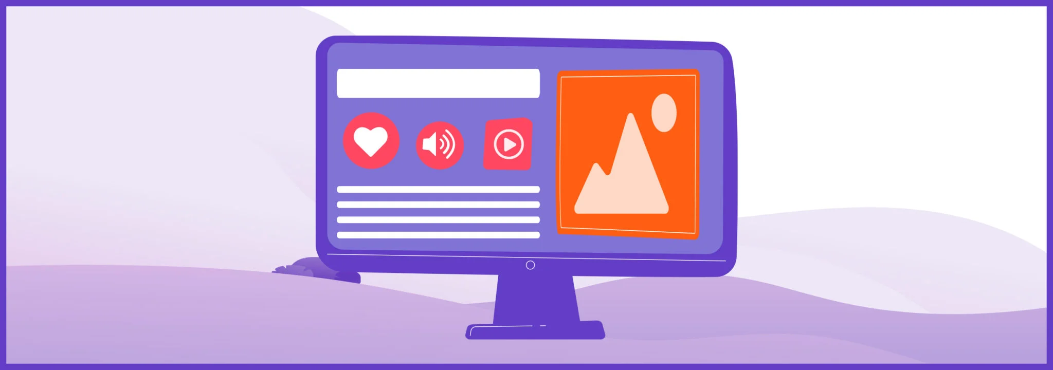 Illustration of a desktop monitor displaying a social media interface with icons for a heart, sound, play button, and an image with a warning triangle, set against a soft purple backdrop. This represents a user-friendly guide for integrating ads into a website's layout
