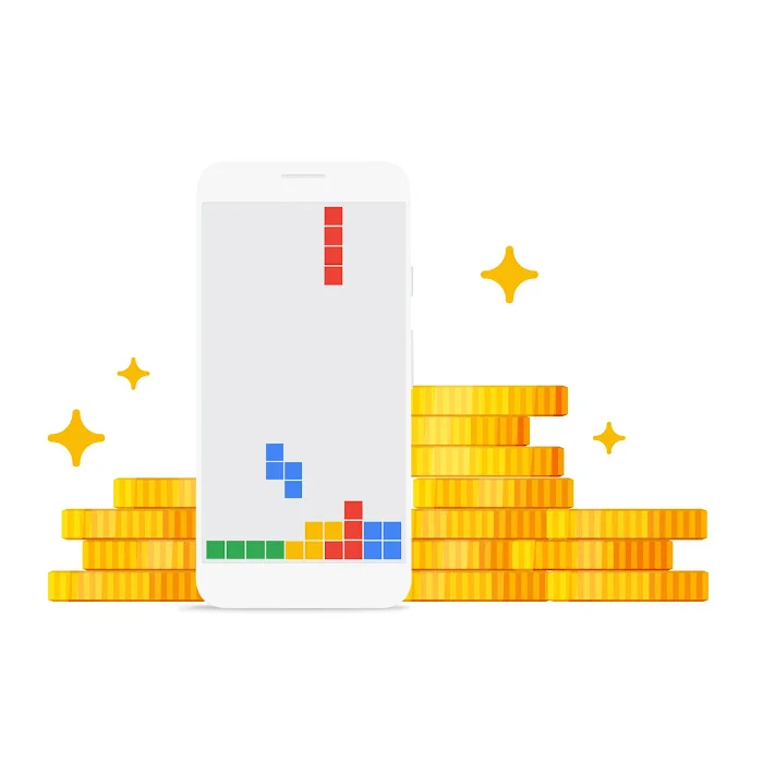 A smartphone displaying a colorful block game, flanked by ascending stacks of gold coins and scattered star icons, symbolizes the potential revenue growth through app monetization strategies such as In-App Advertising (IAA) and In-App Purchases (IAP).