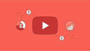 Graphic illustration on a coral background showing an iconic play button flanked by symbols representing money and analytics, hinting at revenue generation and performance measurement. This represents the concept of monetizing video content, with the play button symbolizing video media, and the surrounding icons suggesting financial gain and growth through viewership and engagement.