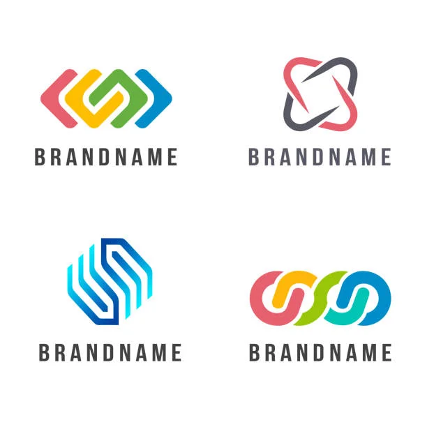 The image displays four modern and stylized logo designs, each paired with the placeholder text "BRANDNAME" underneath. The top left logo features three interlocking arrows in a circular motion with a gradient of warm colors. The top right logo has an abstract, intertwined form with muted red and grey colors. The bottom left logo consists of a hexagonal shape made up of layered lines, shaded with different tones of blue to create depth. The bottom right logo portrays a trio of interconnected rings in a linear arrangement, colored in bright, playful hues of pink, green, and blue. Each logo is distinct, suggesting movement, connectivity, and modernity, ideal for contemporary businesses seeking a dynamic brand image.