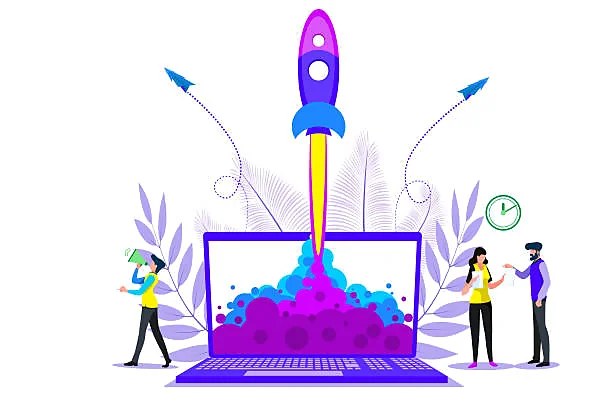 An imaginative illustration showing a large laptop with a vibrant, purple and blue chemical reaction erupting from the screen, transforming into a launching rocket. On the left, a character with VR goggles seems to be in a virtual world, suggesting innovation. On the right, two individuals are shaking hands, symbolizing collaboration or agreement. Decorative elements and arrows around the rocket imply dynamic movement and growth. This conceptual artwork represents a successful launch or a significant boost in website visibility and revenue through strategic actions, possibly hinting at the effectiveness of banner ads.
