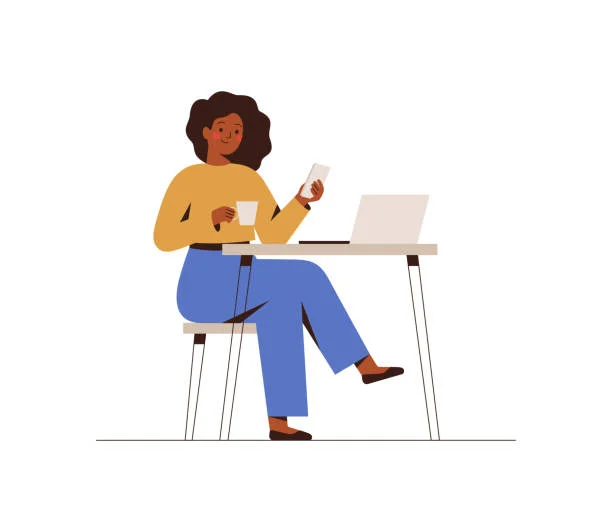 Illustration of a woman with curly hair, seated at a desk, smiling as she holds a smartphone in one hand and a coffee mug in the other, with a laptop open in front of her. She wears a yellow top and blue pants, symbolizing a comfortable yet productive setting for managing both mobile and desktop tasks