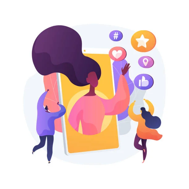 An illustration featuring a large smartphone with a person’s upper body emerging from the screen, engaging with various social media icons like hearts, stars, and thumbs up. Three smaller figures are interacting with the person and icons, symbolizing social engagement and the dynamic nature of digital advertising.