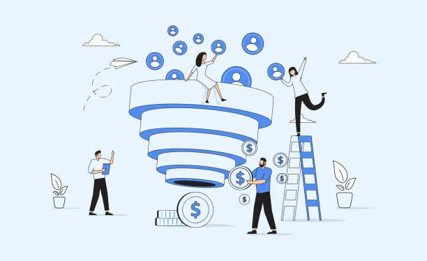  Four people engaging with a large funnel symbolizing increased revenue and business growth, with coins and dollar symbols emphasizing financial gain, set in a monochromatic blue theme with minimalistic clouds in the background.