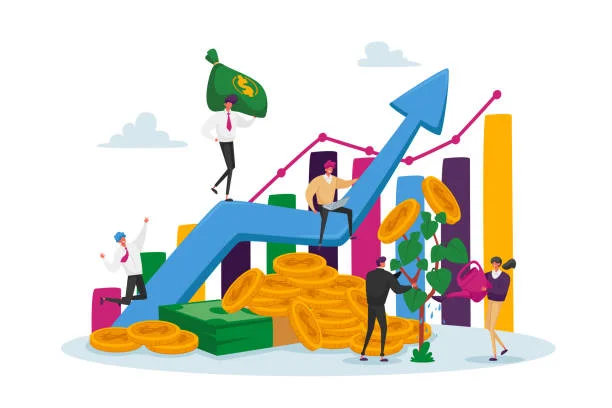 Income Growth Concept. Businesspeople Characters Teamwork Cooperation. Team of Businesspeople Climbing Growing Chart Income Growth Concept. Businesspeople Characters Teamwork Cooperation. Team of Businesspeople Climbing Growing Arrow Chart, Financial Success, Wealth and Money Grow. Cartoon People Vector Illustration advertise money stock illustrations