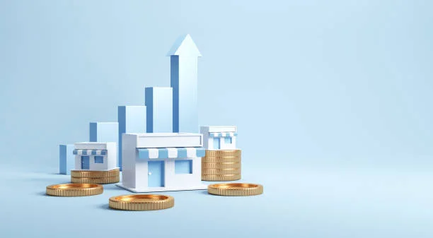 A minimalist and conceptual 3D illustration on a soft blue background, featuring a small, stylized white store or boutique with blue accents and stacks of golden coins in the foreground. Towering bar graphs and an upward arrow, all in varying shades of blue, rise behind the store, symbolizing financial growth and success. The clean lines, the ascending graph, and the coins collectively represent the upscale and prosperous nature of a premium product line, with the imagery conveying a message of luxury and exclusivity.