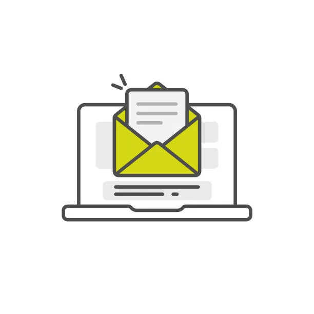 A simple and clean line art illustration of a laptop with a large yellow envelope on the screen, representing an email notification. The envelope is open, displaying part of a letter, indicating an incoming message or email. The outline of the laptop is in gray, with the screen showing three lines of text below the envelope, possibly the email content preview. The image symbolizes the concept of receiving email notifications for exclusive deals and discounts as part of a promotional strategy.