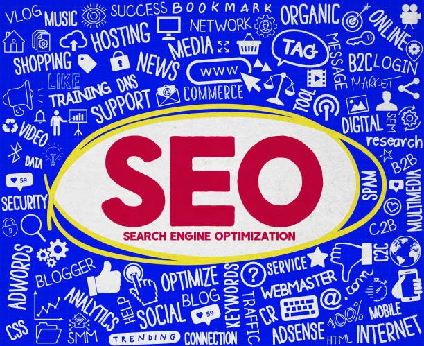 An eye-catching, colorful graphic filled with icons and words related to digital marketing and SEO. In the center, the acronym 'SEO' for 'Search Engine Optimization' is written in bold, red letters against an oval white background, framed by a blue border. Surrounding the central text is a myriad of blue doodle icons and related terms, such as 'AdSense,' 'blog,' 'keywords,' 'analytics,' and 'social,' along with symbols for shopping, security, video, and more, filling the background. This image encapsulates the various tools and strategies for monetizing content online through SEO and AdSense.