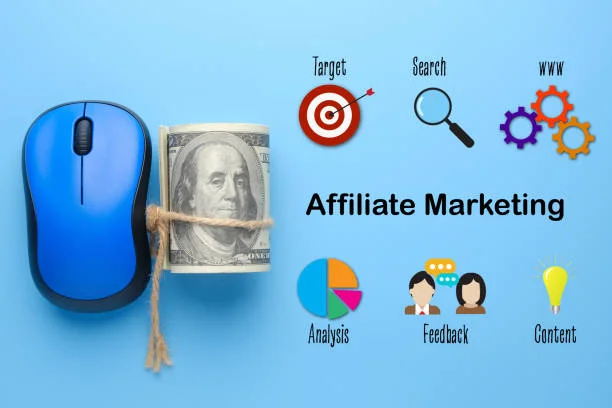 A conceptual representation of affiliate marketing elements on a light blue background. On the left, a computer mouse tied with a rope to a roll of U.S. dollars, symbolizing the earning potential through online efforts. In the center, the phrase 'Affiliate Marketing' is bold and clear. To the right, a series of icons: a target with a dart in the center for targeting, a magnifying glass over the word 'Search' for SEO, and interlinked gears with 'WWW' representing website mechanics. Below, three more icons representing 'Analysis' as a pie chart, 'Feedback' with two figures and a speech bubble, and a lightbulb labeled 'Content' for content creation.