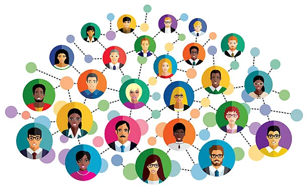 Colorful illustration featuring diverse avatars representing a network or community, connected by lines on a white background, symbolizing dynamic interconnectivity.
