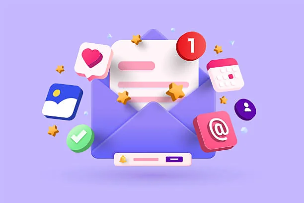 An open envelope surrounded by various icons representing notifications, emails, and messages against a purple background, including a heart in a speech bubble, an image gallery icon, an email notification with the number one, and a calendar icon.