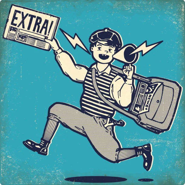 Paperboy with megaphone and extra newspaper Cartoon boy running and shouting extra sensation news, latest news seller running ad campaign stock illustrations