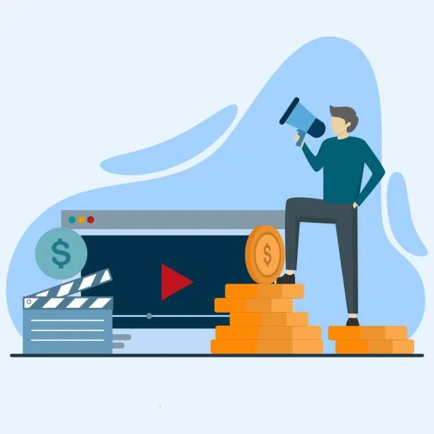 A flat design illustration features a person with a megaphone standing atop a pile of coins, symbolizing the amplification of revenue streams. To the left, there's a browser window with a play button and a film clapperboard, implying video content. A dollar coin with an online banking symbol above the browser signifies monetization of digital content. The overall imagery represents strategies for maximizing video revenue, with the character suggesting a proactive approach to successful monetization.