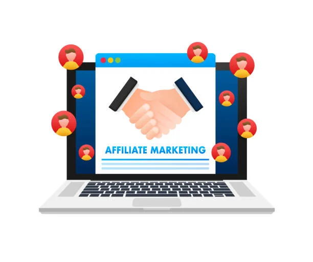 Affiliate Marketing. Advertisement and Marketing Material. Referring friends. Vector stock illustration. Affiliate Marketing. Advertisement and Marketing Material. Referring friends. Vector stock illustration affiliate marekting metrics stock illustrations