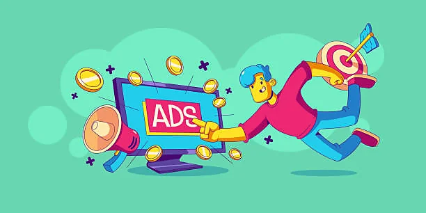 A cartoon illustration of a man being pulled towards a computer screen that brightly displays the word 'ADS.' The man is reaching out with a magnet in hand, attracting coins that fly from the screen towards him, symbolizing the attraction of revenue through advertising. He is mid-flight, emphasizing motion and action, with a bullseye target affixed to his back, suggesting targeted advertising strategies. The background is a pleasant teal, giving a sense of a lively and dynamic approach to generating advertising income