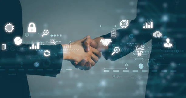 Two individuals shaking hands, surrounded by floating digital icons representing business and technology concepts, against a dark blue technological background, illustrating a partnership or agreement in the digital age