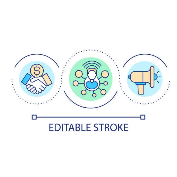 A set of three vector icons on a light blue background, each encircled and connected by dotted lines, symbolizing elements of affiliate marketing. The first icon on the left shows a handshake with a dollar coin, representing financial agreements or partnerships. The middle icon features a central figure surrounded by various connection points with radiating lines, denoting a network or community. The third icon on the right is a megaphone, indicating advertising or promotional activities. Below the icons is the label 'EDITABLE STROKE,' signifying that the line thickness of the icons can be modified for customization.