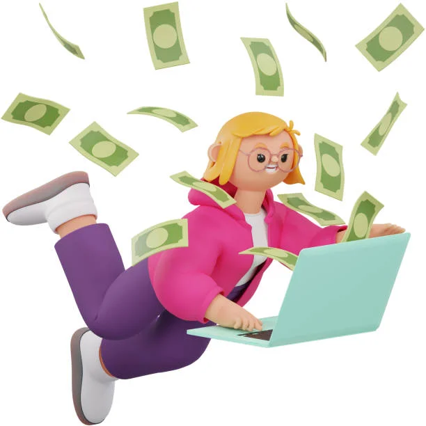 3D illustration of a character with blonde hair and glasses, dressed in a pink hoodie and purple pants, floating against a white background. The character is typing on a teal laptop while money bills appear to fly around, symbolizing financial success or online earnings