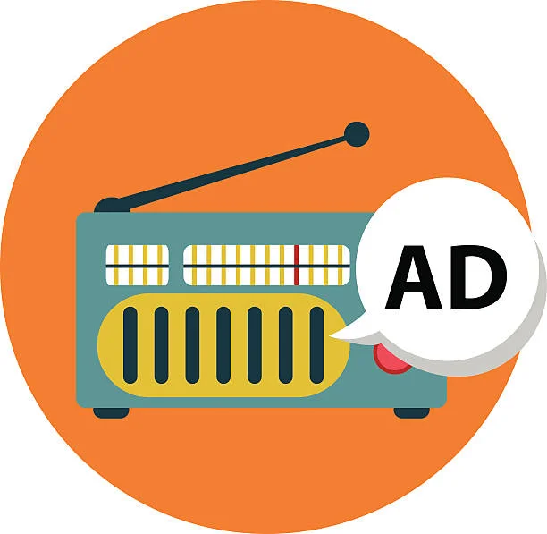 Radio icon with ad sign, radio marketing Radio icon with ad sign, radio marketing. monetizing Ad stock illustrations