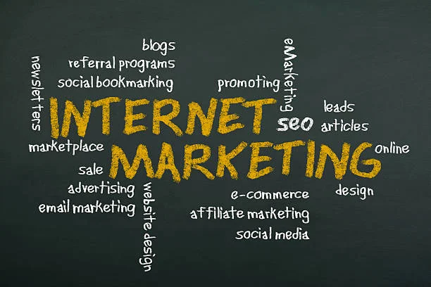 Chalkboard with the phrase 'INTERNET MARKETING' prominently written in the center in yellow chalk. Surrounding this central term are various other key components of digital marketing written in white chalk, including 'blogs,' 'SEO,' 'e-commerce,' 'affiliate marketing,' 'social media,' 'email marketing,' 'website design,' 'advertising,' 'sale,' 'marketplace,' 'newsletters,' 'social bookmarking,' 'referral programs,' 'promoting,' 'leads,' 'articles,' 'online,' and 'design.' The arrangement of words in different directions and sizes suggests a brainstorming or mind-mapping session related to internet marketing strategies.