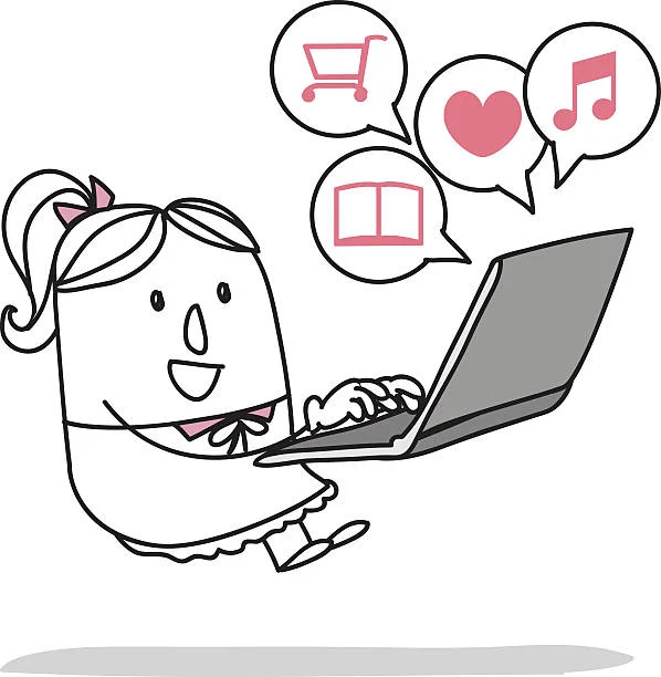 The image is a whimsical, line-drawn cartoon of a personified computer with feminine features, complete with a bow on top. This animated character is happily typing on a laptop, with three speech bubbles above showing icons: a shopping cart, a heart, and a musical note, representing various online activities such as shopping, loving, and listening to music. This could symbolize the variety of content that can be monetized on a blog through AdSense, correlating with the message 'Monetize Your Blog with AdSense: Turn Your Passion into Profit!