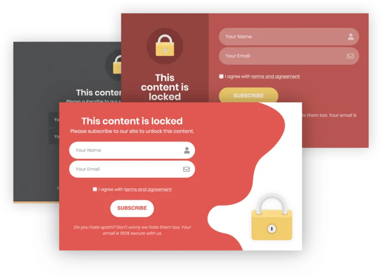 A layered composition of website pop-up notifications with the prominent text 'This content is locked' on a maroon background. Each pop-up features a golden padlock icon, a form field for 'Your Name' and 'Your Email,' and a 'Subscribe' button, indicating a content locker that requires visitor information to access the hidden content. The lowermost pop-up includes a reassurance 'Do you hate spam? Don't worry we hate them too. Your email is 100% secure with us,' aiming to build trust with potential subscribers