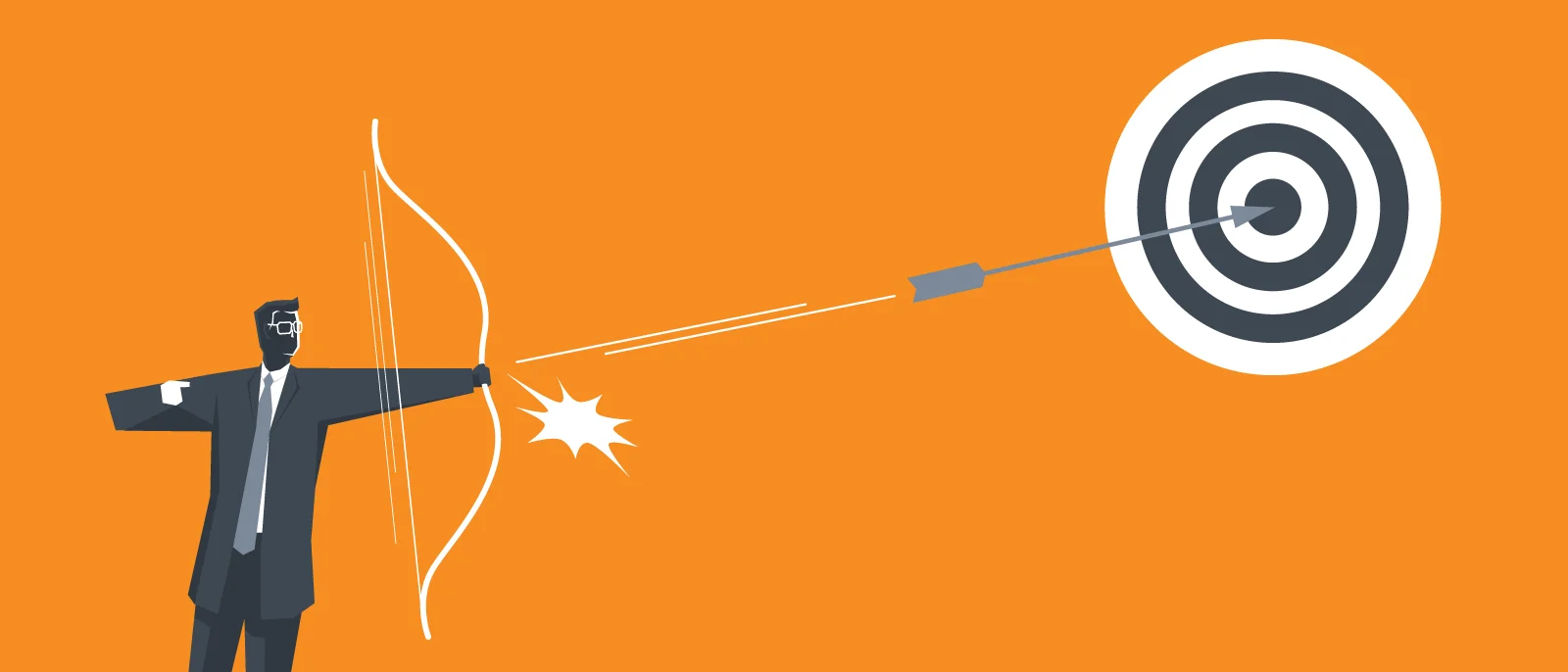 Illustration of a man in a suit drawing a bow and arrow, aiming at a target. The man is on the left, with a starburst indicating the arrow’s release. The arrow is in mid-flight towards a bullseye on the right, against an orange background, symbolizing precision and goal achievement in the context of the Lucidchart Affiliate Program.