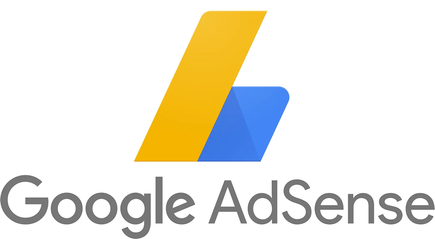 The Google AdSense logo, featuring a stylized ‘A’ shape formed by a yellow rectangle and a blue square, above the grey text ‘Google AdSense’ against a white background, representing the AdSense service for website monetization.