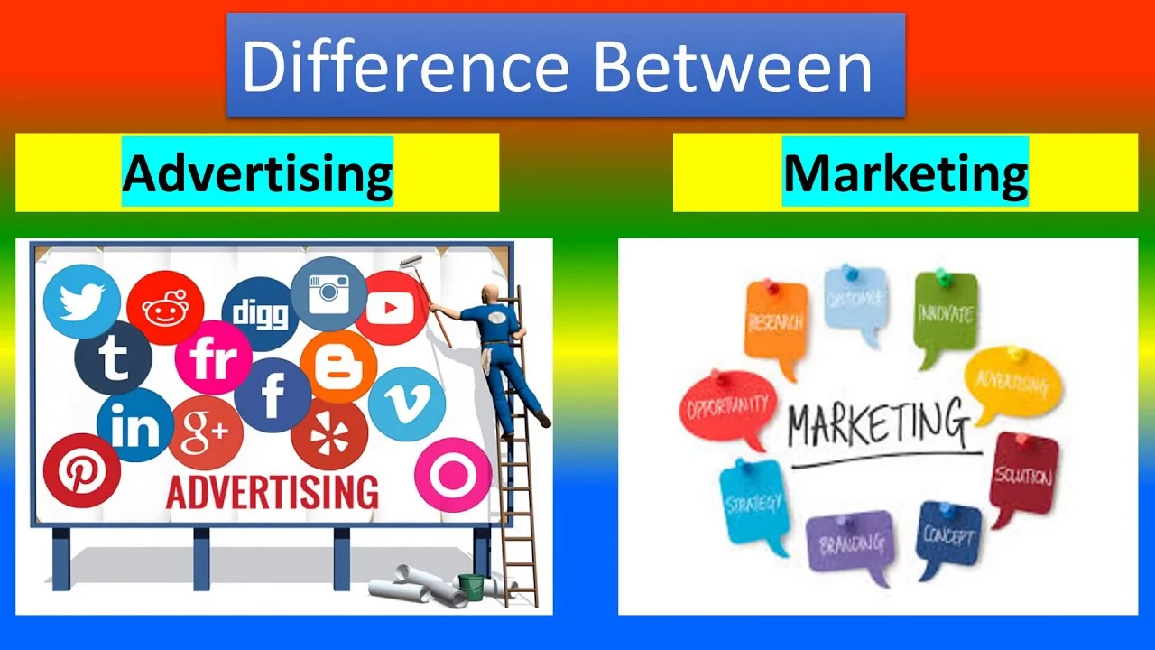 Educational infographic titled 'Difference Between Advertising and Marketing'. On the left, a vibrant billboard filled with social media icons, including Twitter, Facebook, and YouTube, represents Advertising, with a man on a ladder painting the icons. On the right, a whiteboard contains colorful speech bubbles with words like 'Opportunity', 'Innovate', and 'Strategy', symbolizing Marketing. The design uses bold colors and clear labels to differentiate and explain these two aspects of business strategy