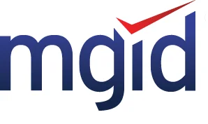 The image displays the MGID logo. It consists of the letters “mgid” written in a bold, blue font. A red checkmark-like design extends upwards from the top right corner of the letter “d”. The letters are lowercase and are clearly visible against a white background.