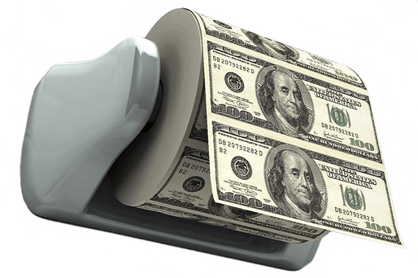 Creative illustration showing a roll of toilet paper, but instead of paper, it is made up of one hundred dollar bills featuring Benjamin Franklin. The roll is mounted on a typical white toilet paper holder, suggesting a humorous or satirical take on the concept of money being abundant or excessively used