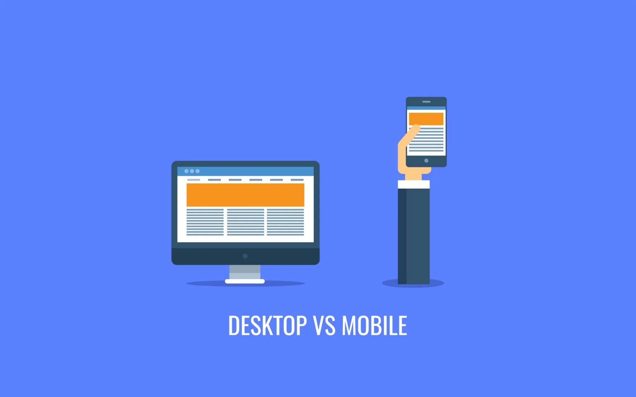The image depicts a side-by-side comparison of a desktop computer and a mobile device against a solid blue background. On the left, the desktop features a large monitor displaying a website with an orange header and multiple text sections. On the right, a hand holds a mobile device showing a smaller version of the same website, adapted for a mobile screen with the same color scheme. The text 'DESKTOP VS MOBILE' is prominently displayed beneath the illustrations, emphasizing the theme of comparing web traffic sources between these two platforms