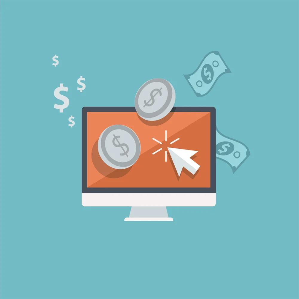 A teal background showcases a flat design illustration. In the center, a computer monitor displays a cursor clicking on a dollar coin. Three additional dollar coins float around the monitor, accompanied by two green dollar bills. The image symbolizes monetizing a website or online platform