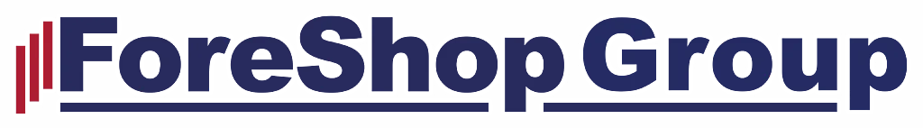 The image features the logo of a company named "ForeShop Group." The logo consists of the company's name in a stylized font with "ForeShop" being more prominent and "Group" in a smaller size directly below it. On the left side of the name "ForeShop," there are four vertical bars with varying heights that resemble a bar graph or possibly a stylized letter 'F'. The color scheme includes shades of blue and red. The bars are red, while the text is in blue. There is no additional text or imagery. The background is white. The overall design conveys a modern and corporate feel, possibly suggesting growth or progress, which could be associated with the company's focus on the future of online shopping.