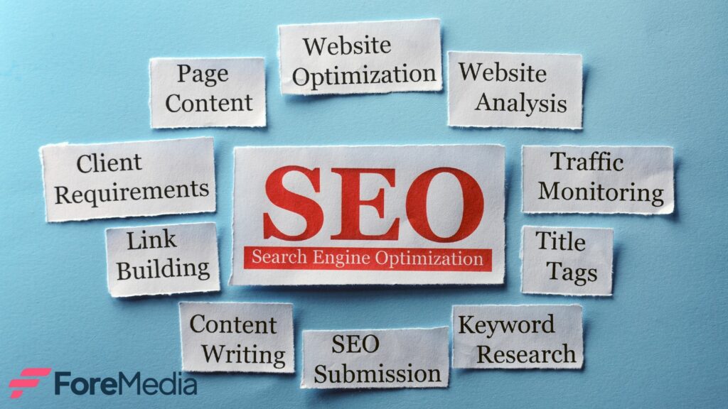 Palabras recortadas sobre SEO y optimización de sitios web con el logo de ForeMedia.
